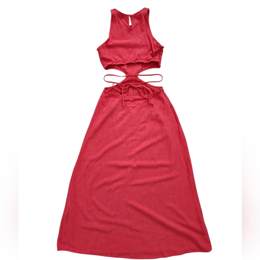 SHEIN Cut-Out Midi Dress Faded Red-Orange Tie Waist - Sizs XS - Picture 3 of 6